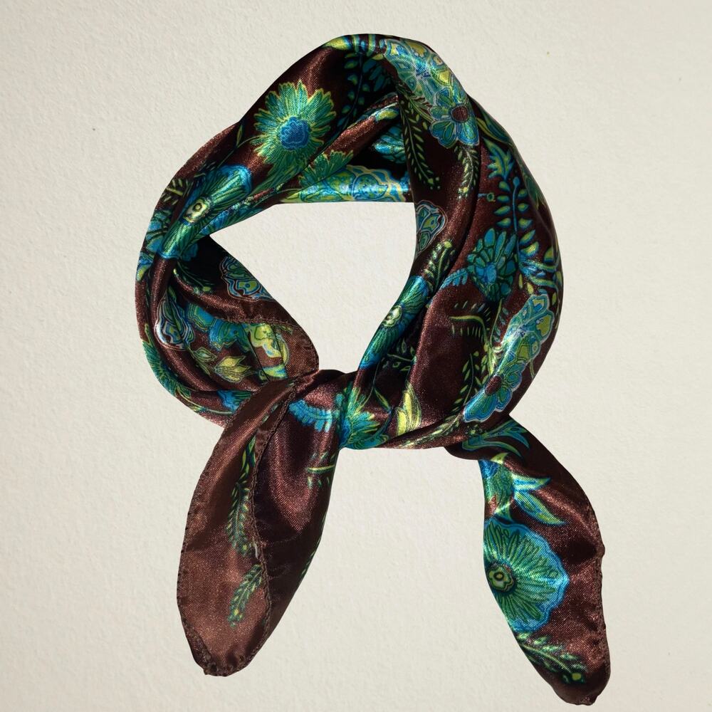 Brown and blue green floral satin square scarf neckerchief, bohemian boho chic